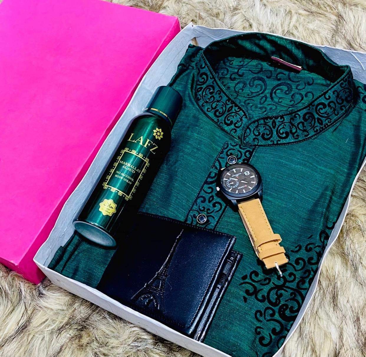 VIP Combo Pack Panjabi, Lafz Body Spray, wristwatch, Leather Money Bag.