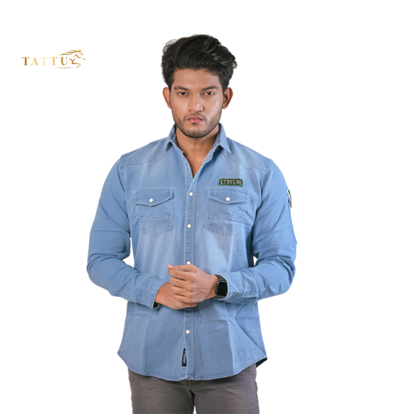 White Button double pocket New Fashionable Casual Long Sleeve Denim Jeans Shirt For Men