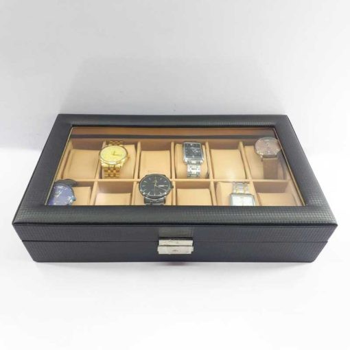 Black Faux Leather Watch Box 12 Slot Brown Slot