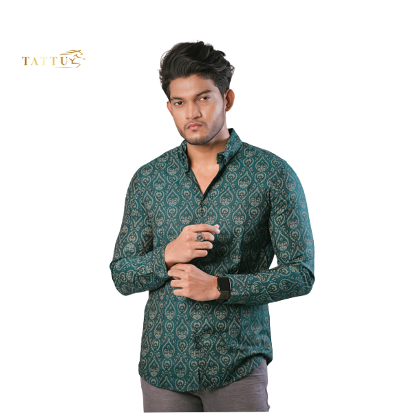 Bottle green digital print men'z casual shirts