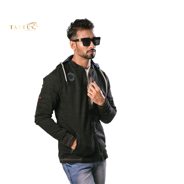 Black Color Denim Jacket Hoodie for Men